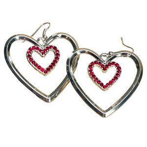 Silver and red crystal heart shaped earrings